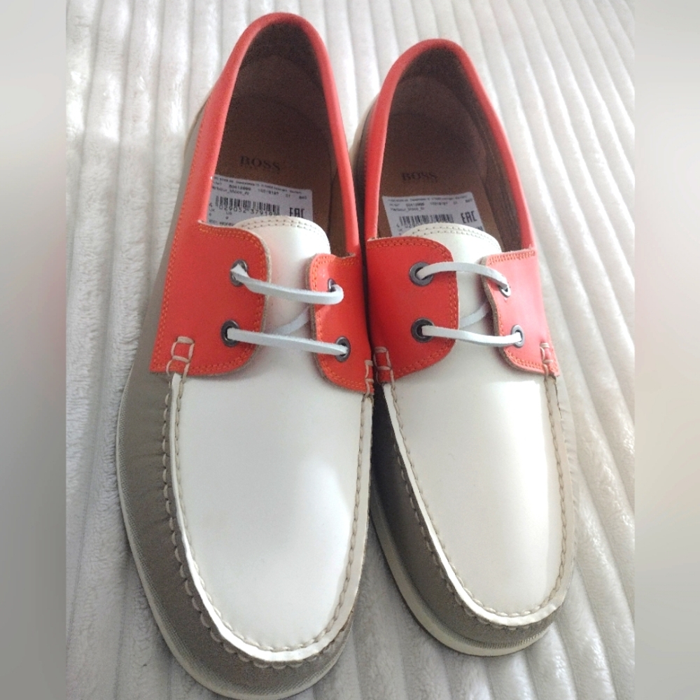 Men's Hugo BOSS Leather Harbour Moccasin Orange/White/Tan Size 9
